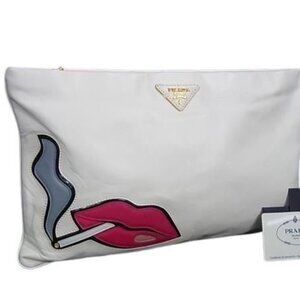 Prada Clutch Triangle Logo White Pink Nappa Leather Lip